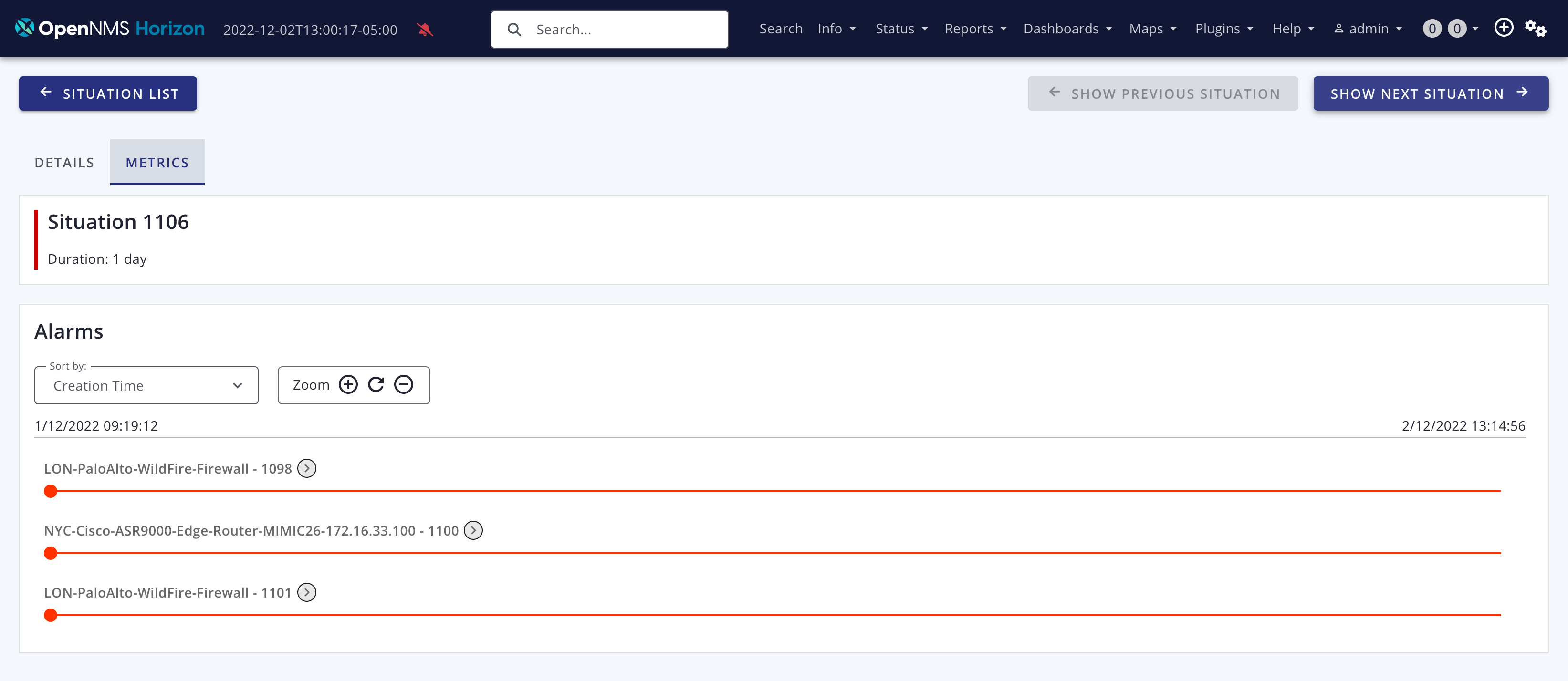 Situation timeline displaying three active alarms