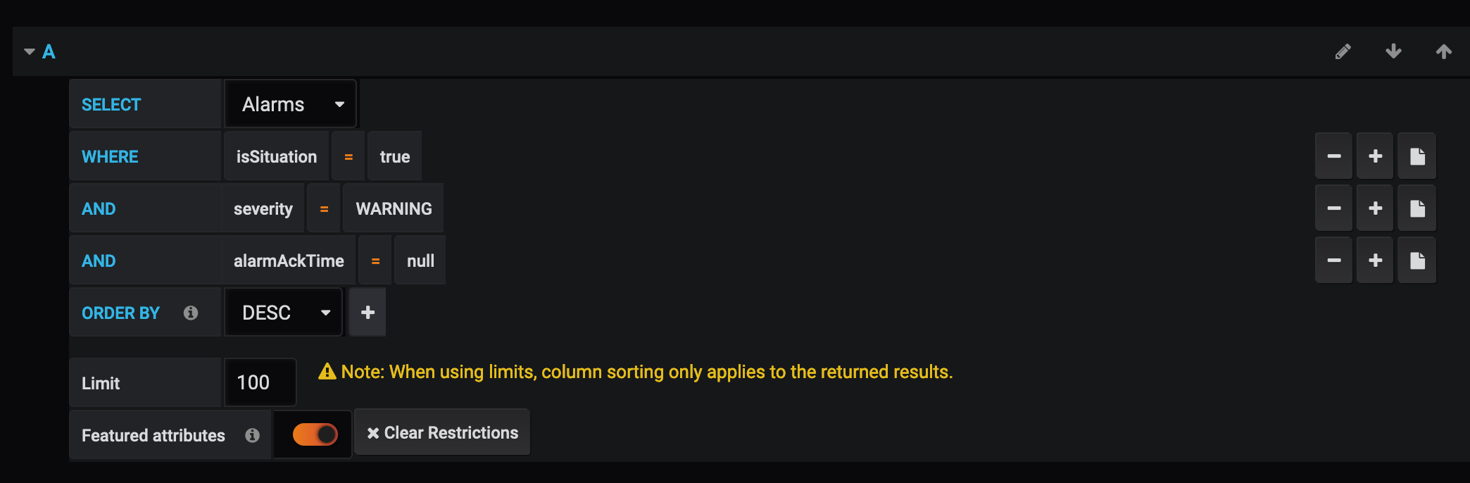 Example settings for a new alarm table panel.