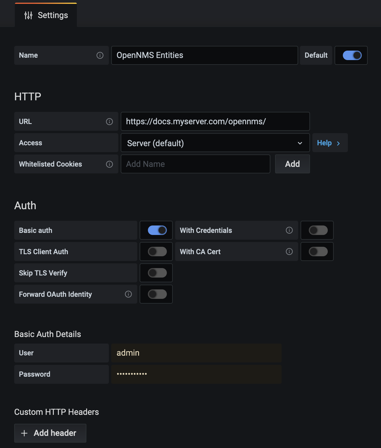 OpenNMS Entities datasource settings dialog displaying sample settings.