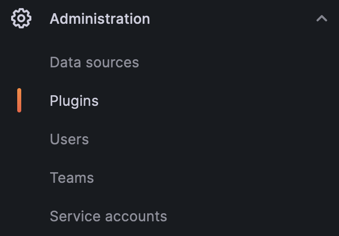 Grafana menu displaying navigation options. The Plugins option is highlighted.