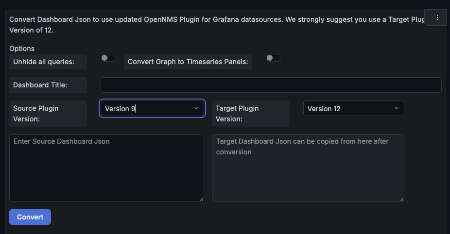 Dashboard Convert panel displaying blank configuration options.