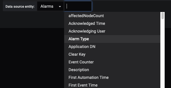 Filter panel configuration page displaying the Data Source Entity list. Alarm Type is highlighted.
