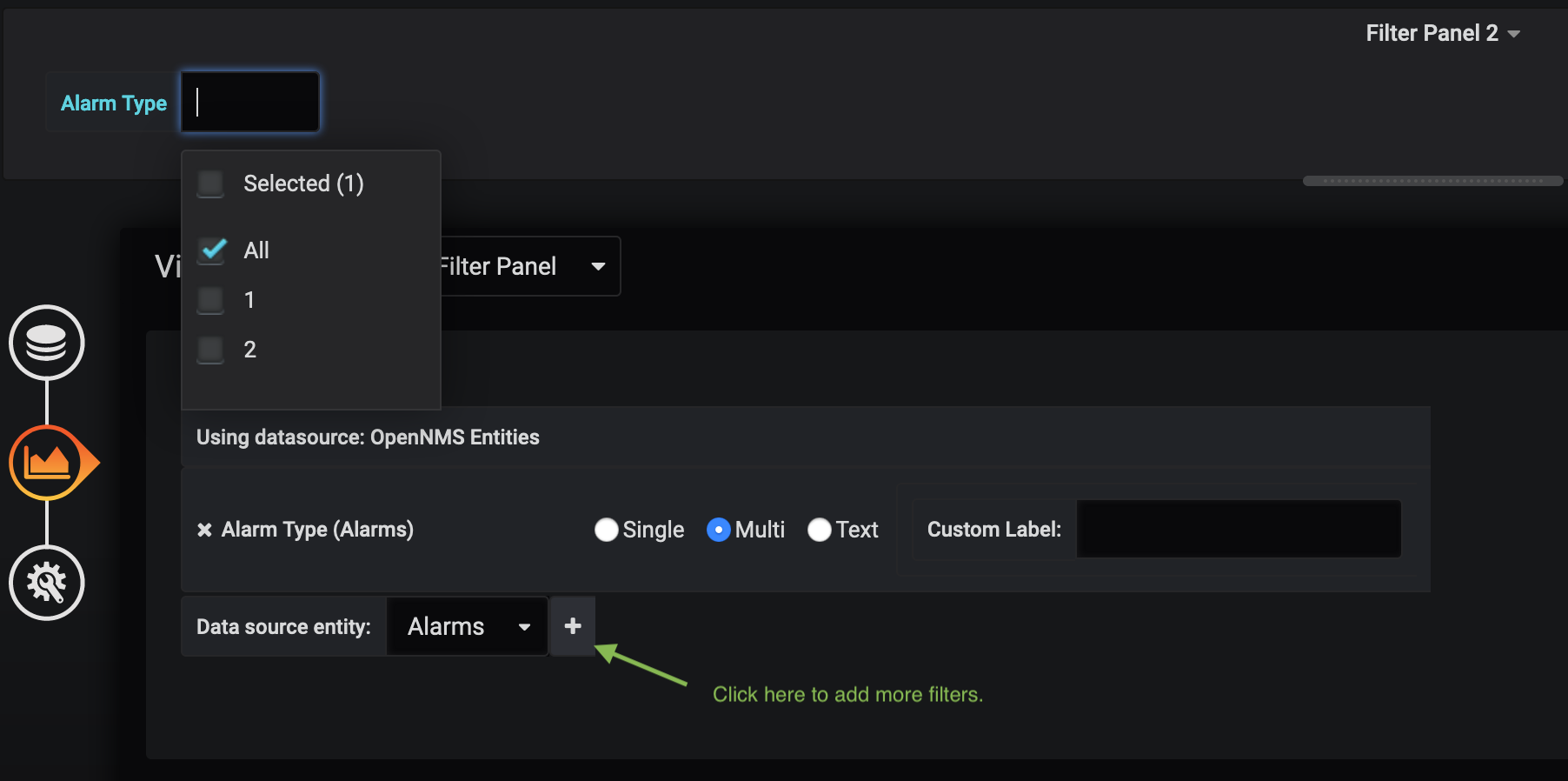 Filter panel configuration page. The plus symbol beside the Data Source Entity list is highlighted.
