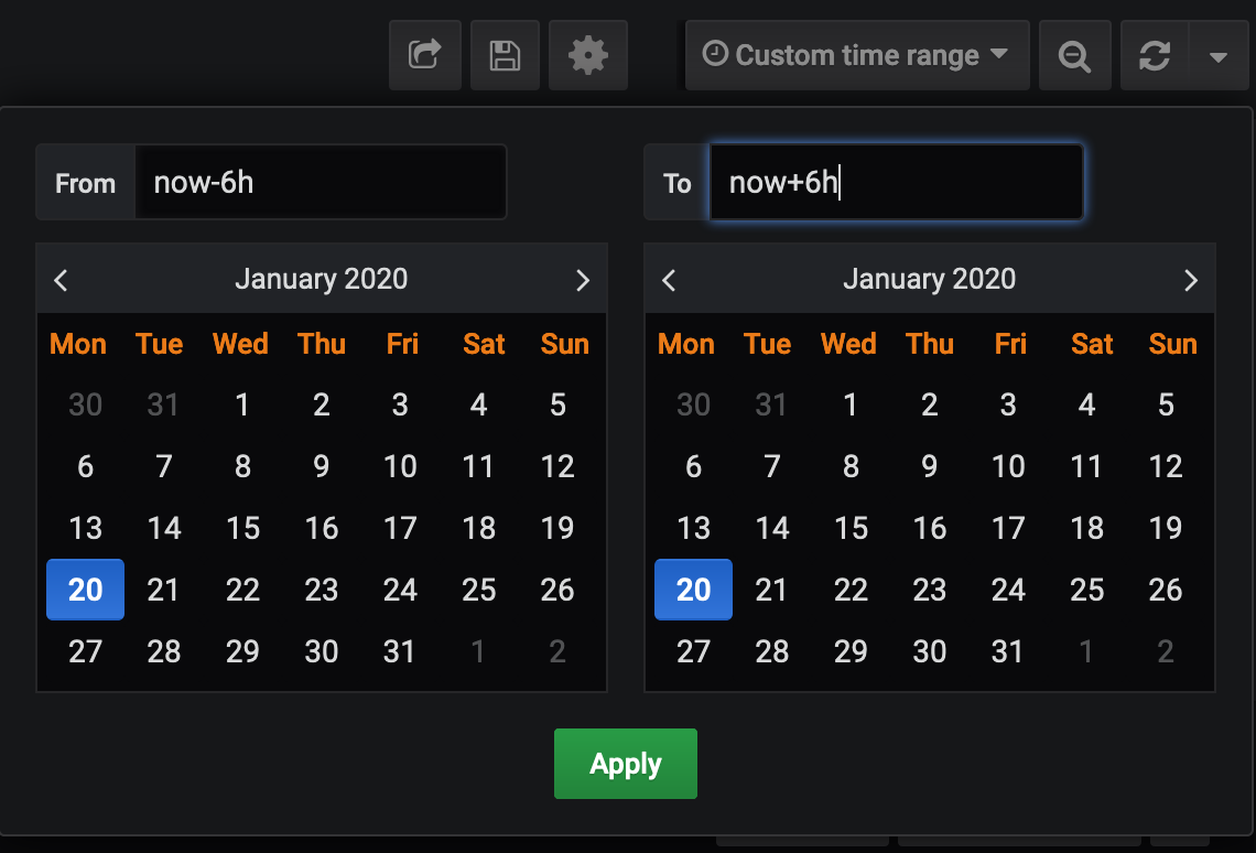 Example dashboard time range configuration.