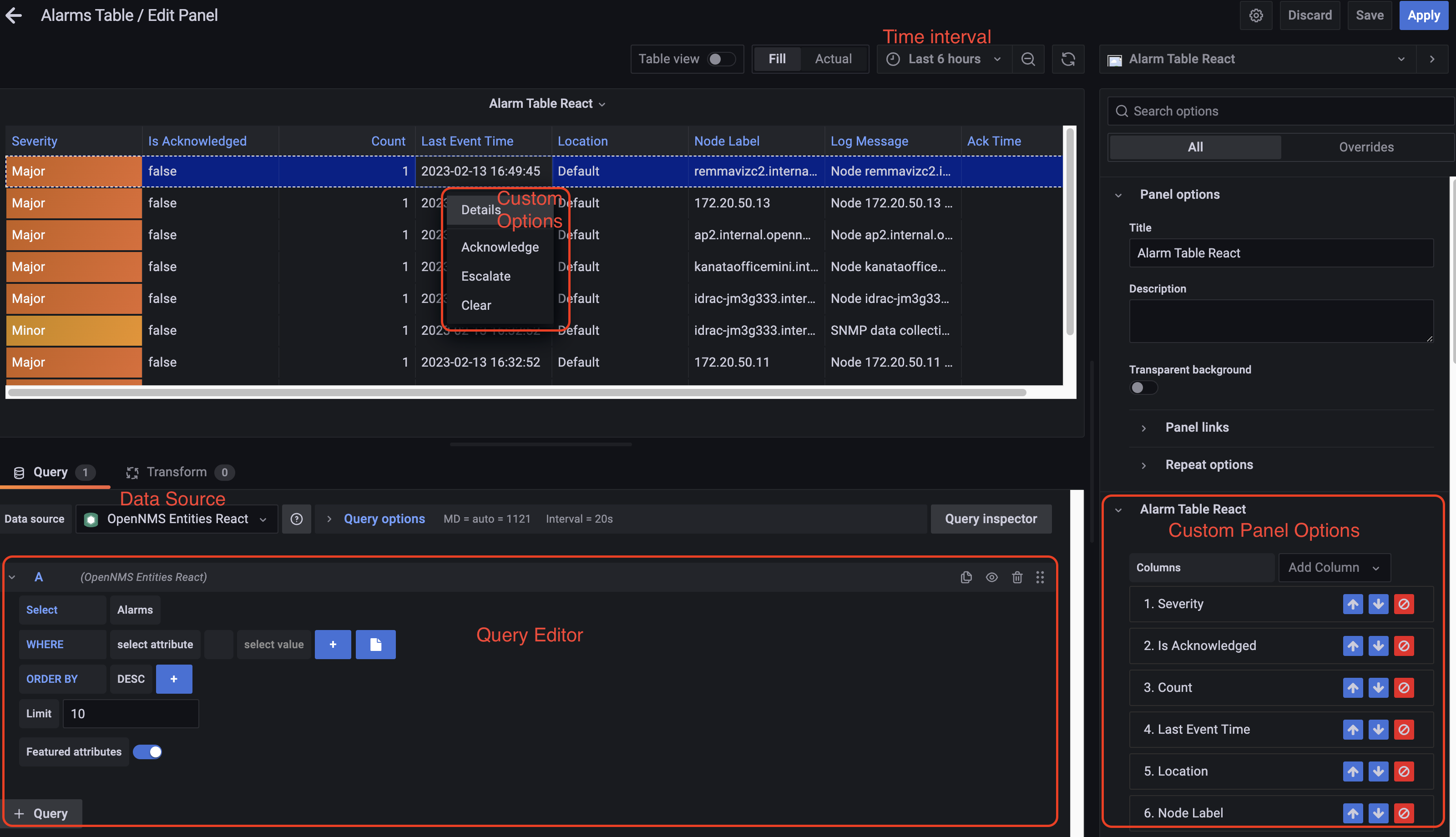 Example of an alarms table panel in edit mode. Areas of note are outlined in red.