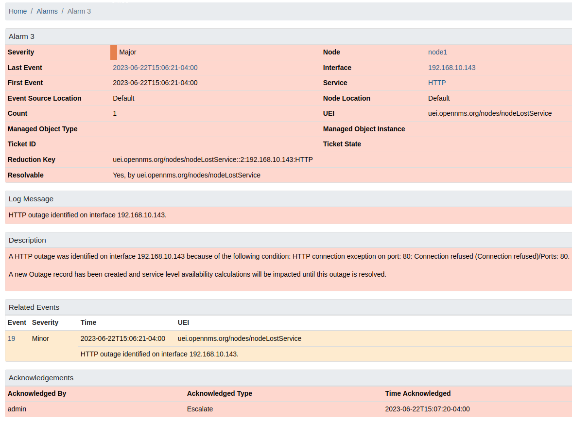 Escalated alarm of an HTTP outage in detail view
