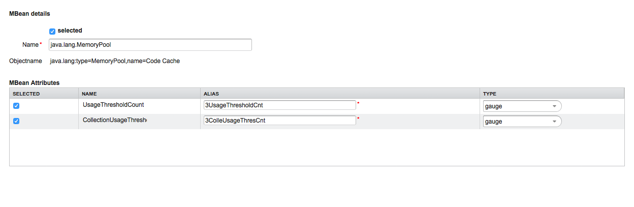 MBean Configuration page displaying an MBean’s details and attributes. Both attributes are selected and have been assigned aliases.