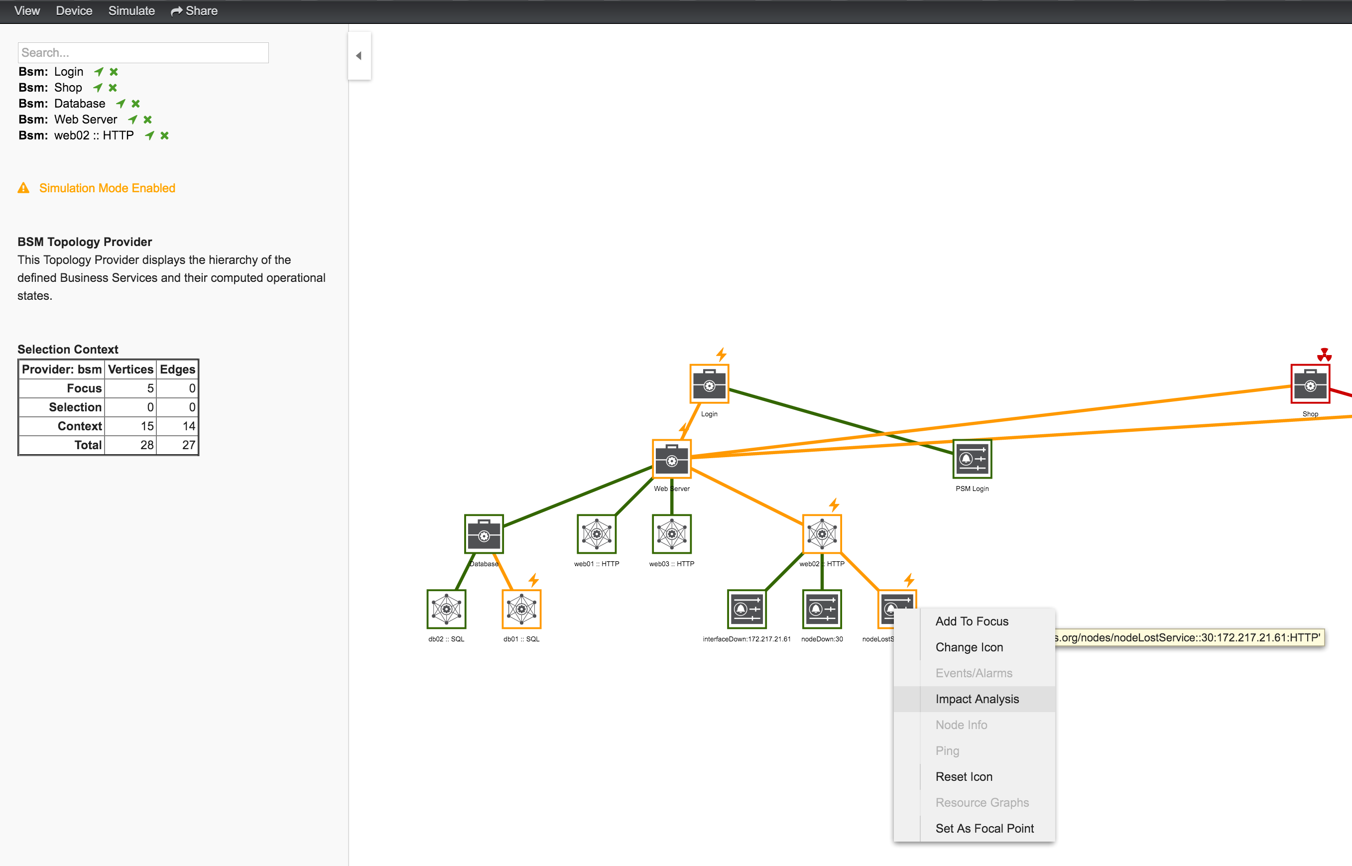 Meridian UI displaying the topology map, with a context menu overlaid. Impact Analysis is highlighted.
