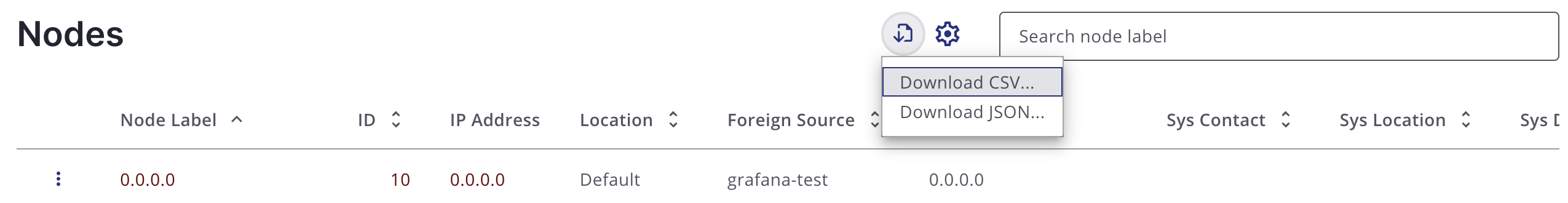 Meridian Node download/export menu.