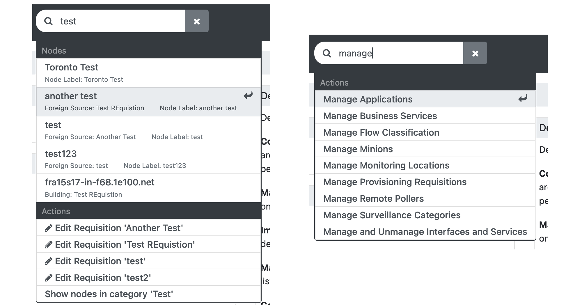 Meridian UI showing two examples of search results. The first shows related nodes and actions, and the second shows only related actions.